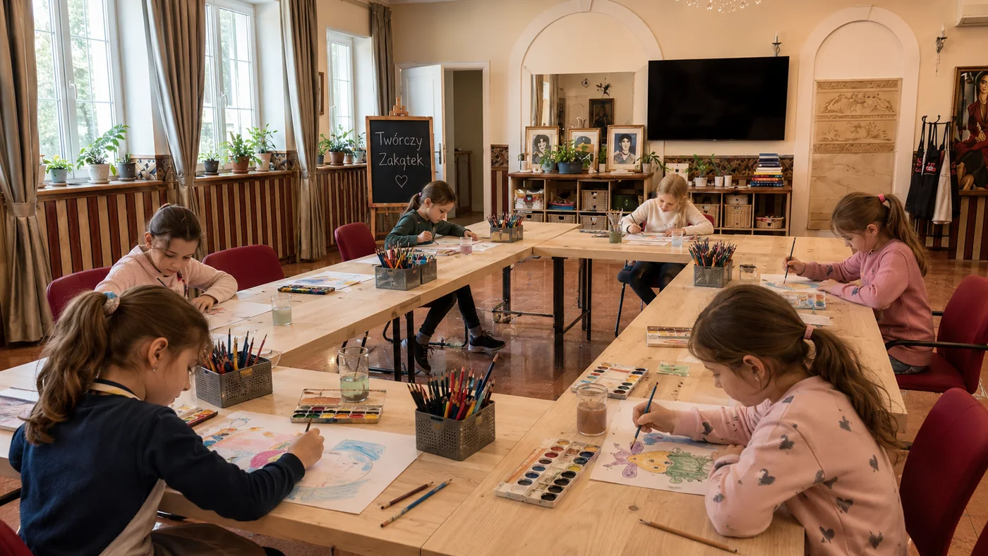 Kameralna grupa dzieci podczas malowania w pracowni w Łodzi