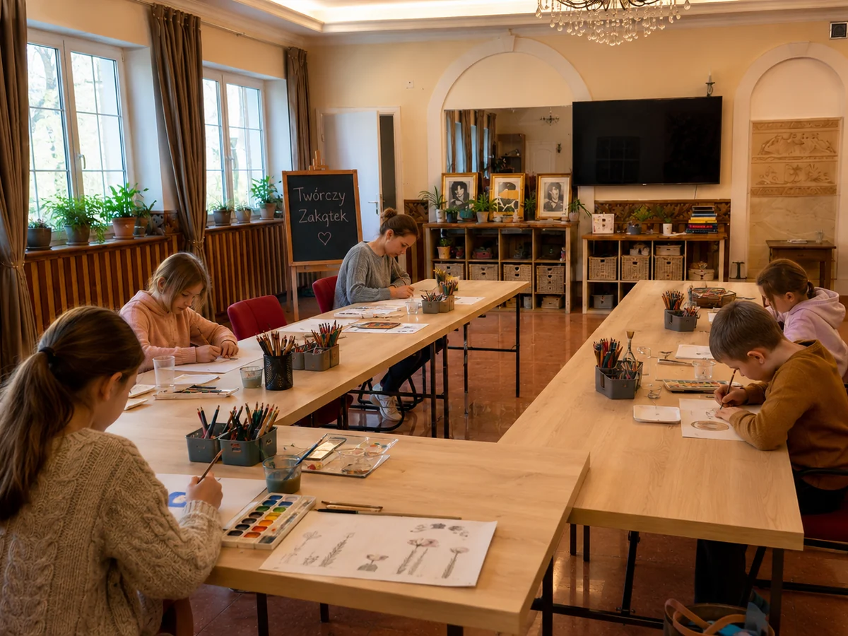 Kameralne zajęcia plastyczne przy stole w Twórczym Zakątku w Łodzi