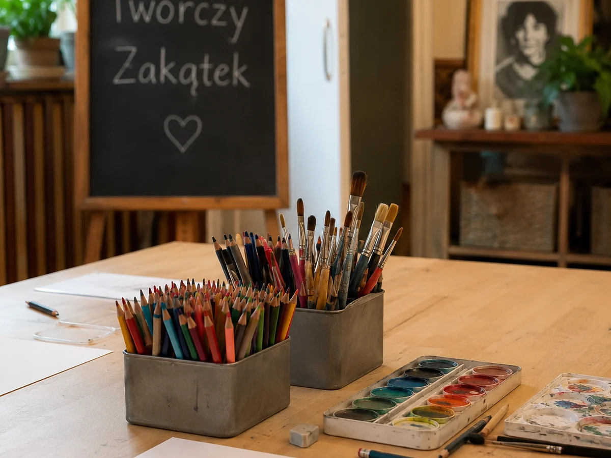 Kredki pędzle farby i akwarele na stole w pracowni plastycznej Twórczy Zakątek