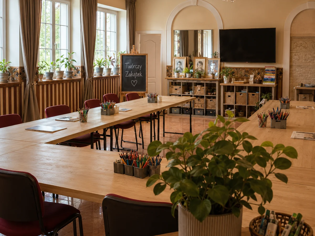 Wnętrze pracowni plastycznej z roślinami drewnianymi stołami i czerwonymi krzesłami w Łodzi