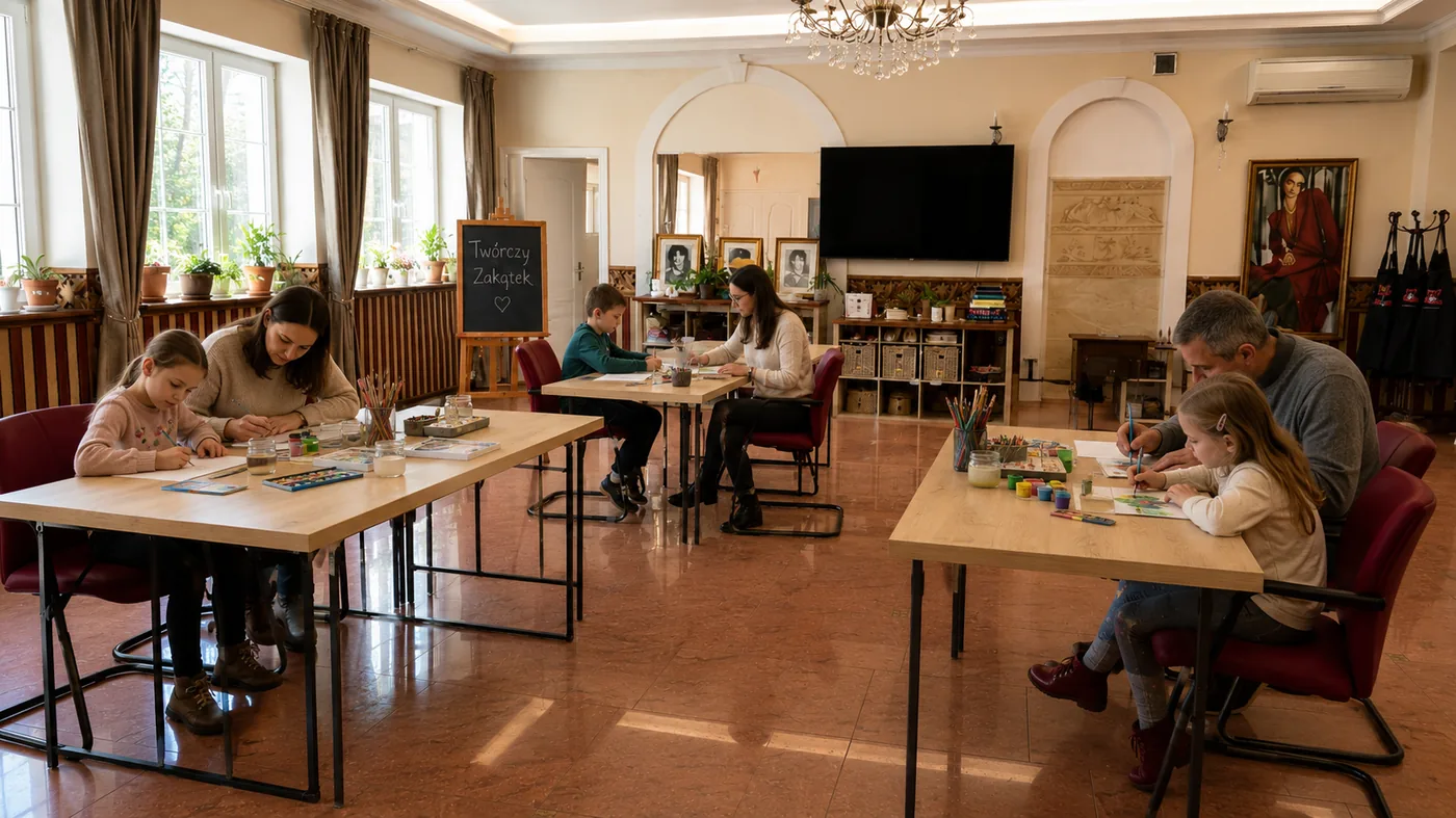 Kameralne rodzinne warsztaty plastyczne przy drewnianych stołach w Łodzi