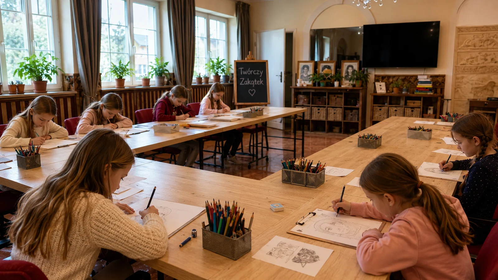 Dzieci spokojnie rysują przy drewnianym stole w pracowni Twórczy Zakątek w Łodzi