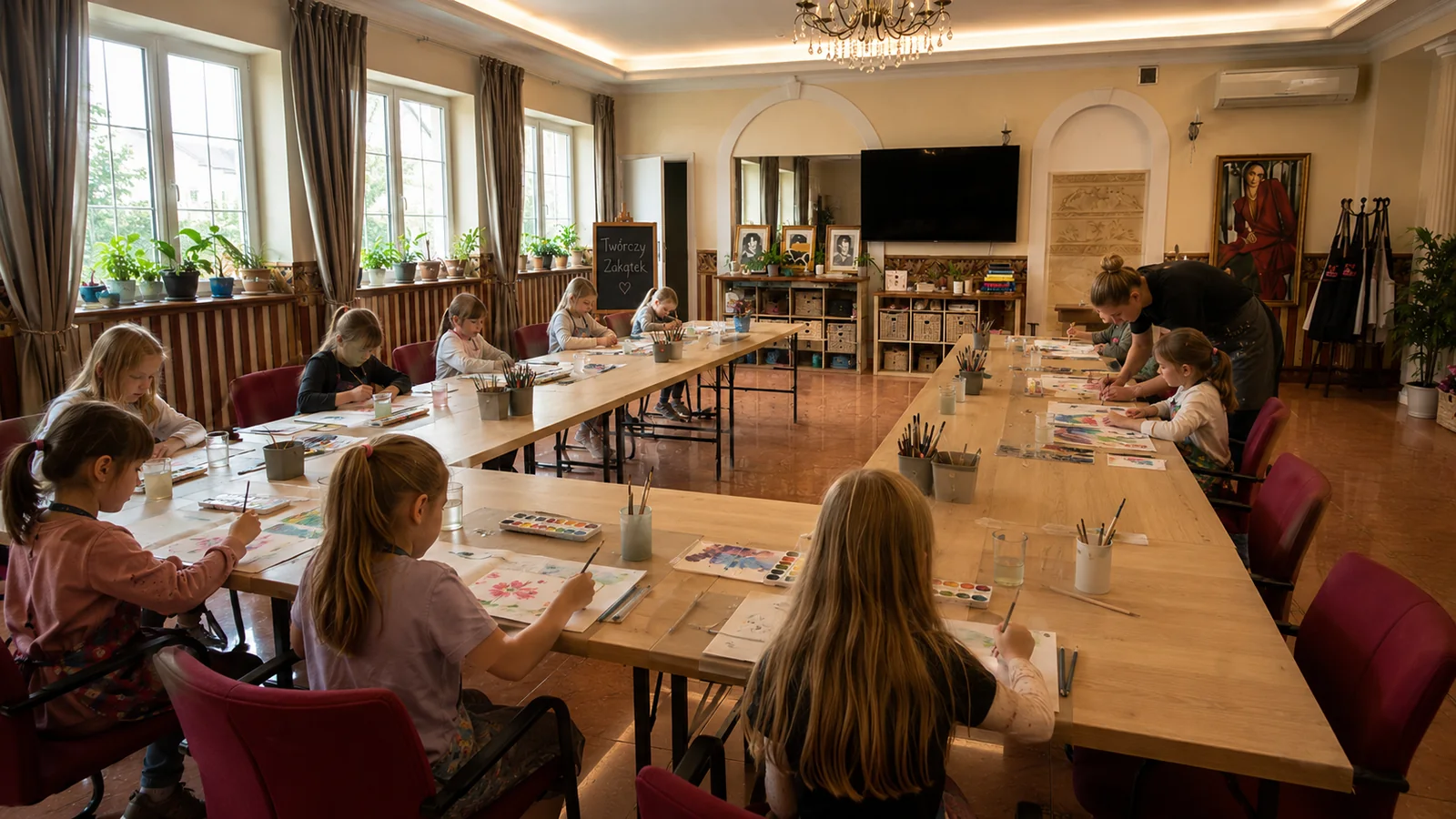 Dzieci rysują przy drewnianych stołach w pracowni Twórczy Zakątek w Łodzi