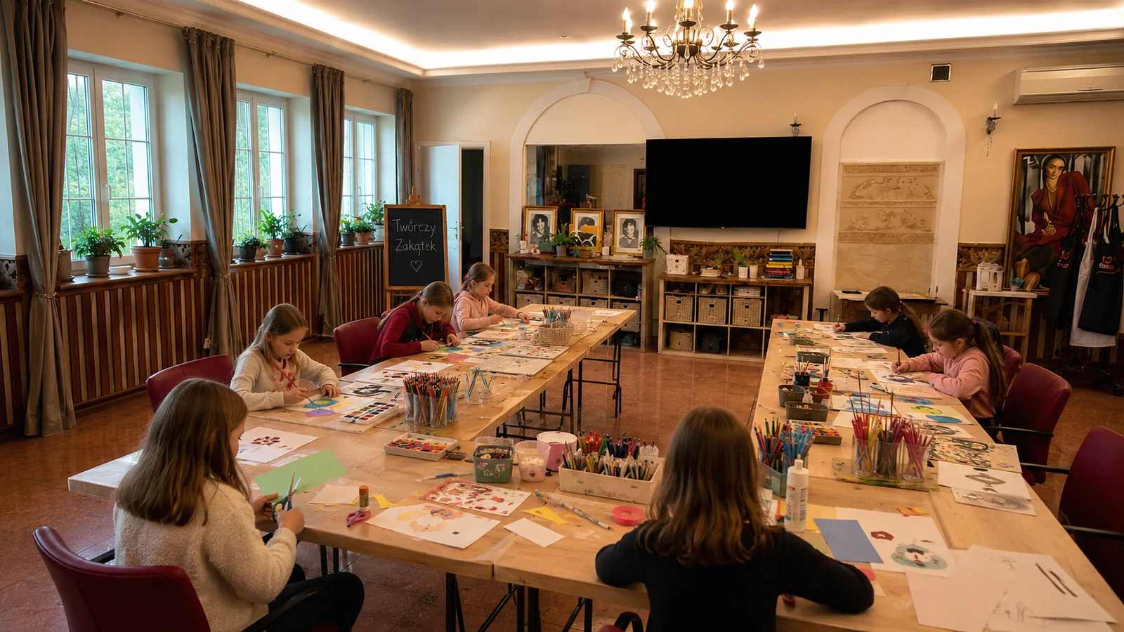 Dzieci podczas warsztatów plastycznych w Twórczym Zakątku w Łodzi